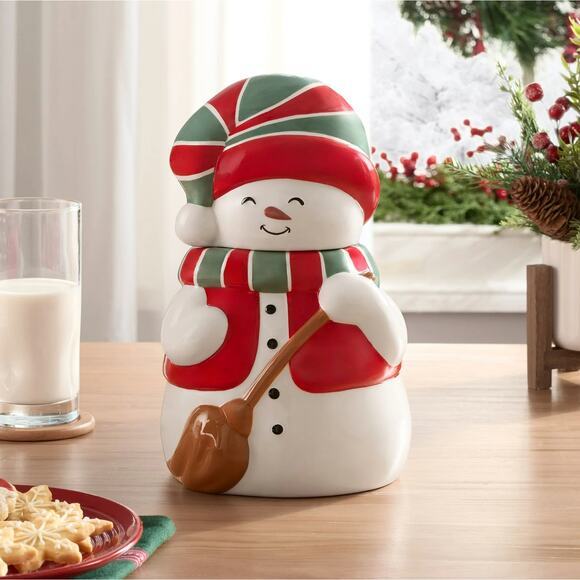 Holiday 73oz Snowman Glazed Ceramic Cookie Jar Lid Canister Christmas Table Deco - Picture 1 of 5